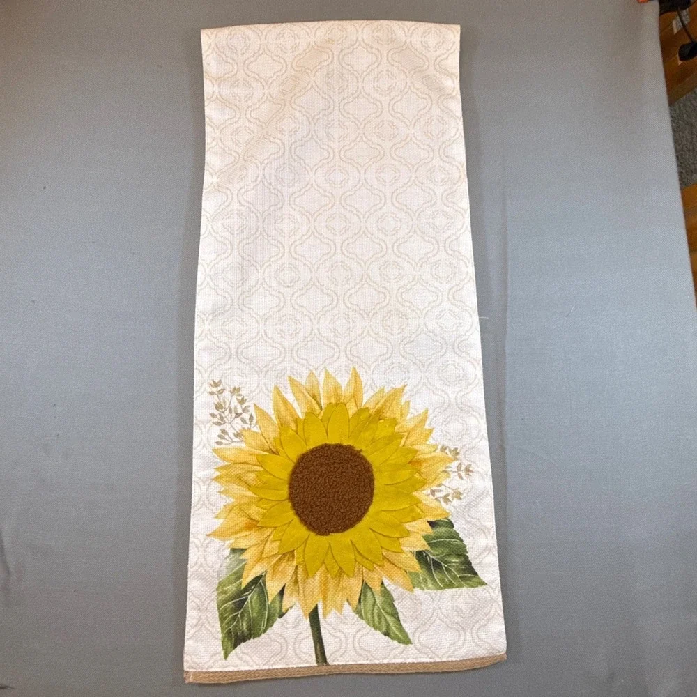Rachel Ashwell The Farmhouse Sunflower Table Runner Yellow Floral Jute Trim 72in